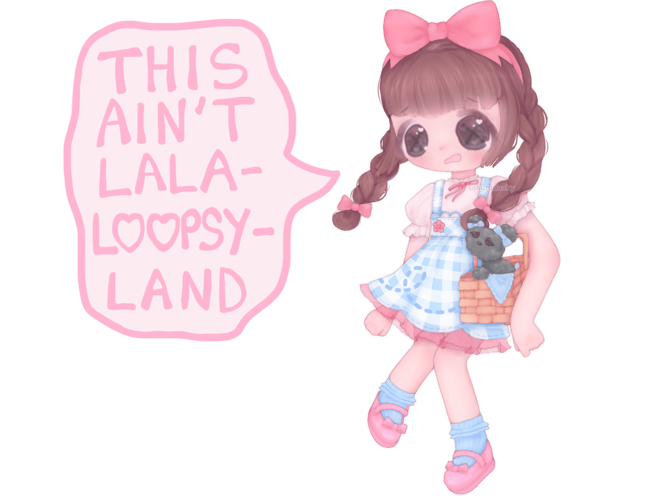 fan art of Dotty Gale Winds from Lalaloopsy. she is holding a basket with her pet poodle inside. there is a speech bubble on the left that reads “This ain’t Lalaloopsyland”.