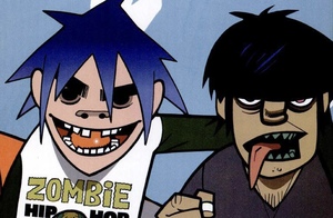 2D, with blue hair, fully black eyes, and light skin on the left. He is smiling, missing his two front teeth, and wearing a shirt that says 'Zombie Hip Hop'. Murdoc Niccals is on the left. he has yellowish green skin and black hair. His left eye is red, and the other is black. He is wearing a dark grey v-neck shirt.